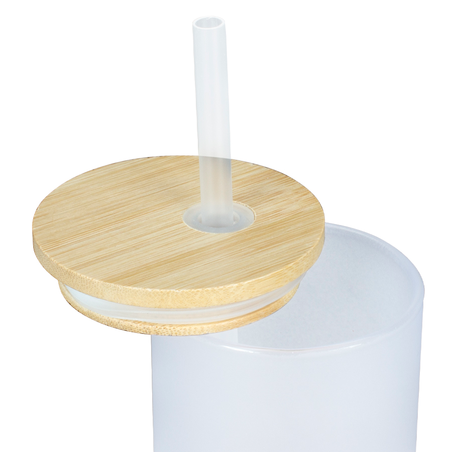 Botella Vidrio Borosilicato Sublimación, tapa Bamboo 500cc