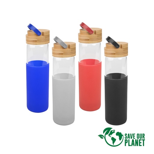 [MQP_M57_Azul] Botella de Vidrio con funda de silicona 600cc