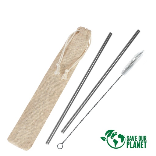 [MQP_E128_Natural] Set Bombillas metálicas en estuche de Lino