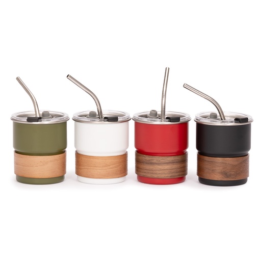 [MQP_M71_Blanco] Vaso Térmico metálico "CAMP" 300cc. con Bombilla y Grip de Madera.
