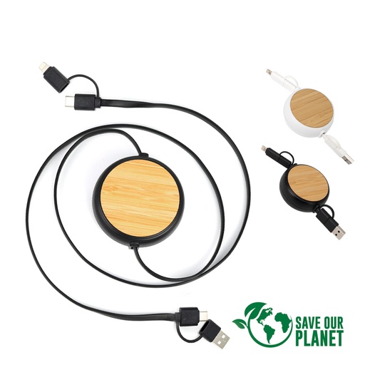 [MQP_B84_Blanco] Connect Multicargador Retráctil 4 en 1 de ABS/Bamboo