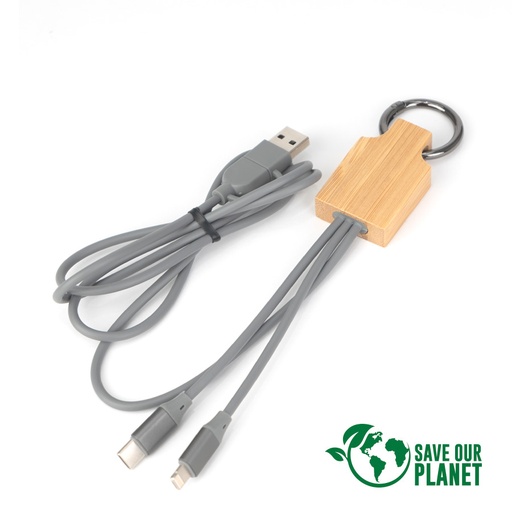 [MQP_B85_Gris] Connect Multicargador 4 en 1 de Bamboo con llavero.